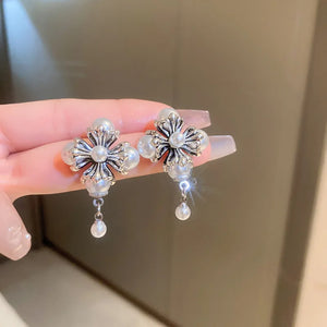 Vintage Flower Women Bridal Earrings Imitation Pearl Drop Earrings