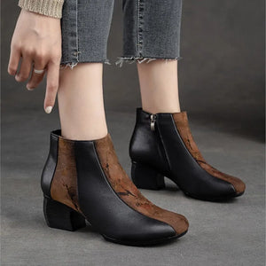 Winter Genuine Leather Women's Short Boots Thick Heel Round Toe Shoes q153