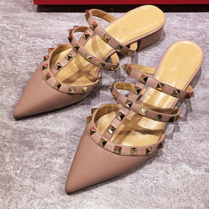 Shiny Gold Rivets T- Strap Sandals 4cm Med Heels Slippers Summer Mujer Sexy Dress Shoes Patent Leather And Matte Claussure