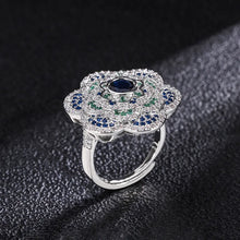 Cargar imagen en el visor de la galería, 925 Sterling Silver Retro Sapphire High Carbon Diamond Flower Adjustable Ring Wedding Gifts x17