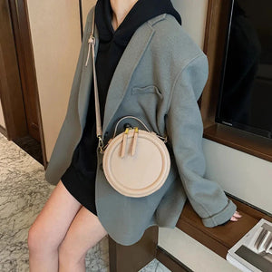 Solid Color Crossbody Bag For Women Round Small Handbag Fashion Designer Bags PU Leather Shoulder Bag Female Zipper Purses