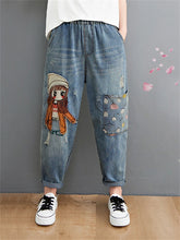 Cargar imagen en el visor de la galería, Cartoon Litter Girl Embroidery Denim Pants For Women Trendy Hole Casual High Waist Breeches Pockets Mom Harem Blue Jeans