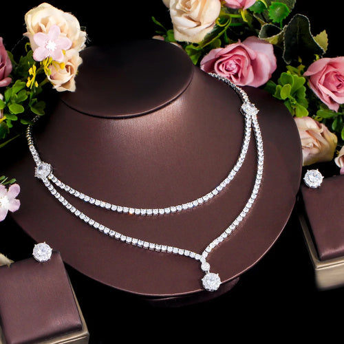 2 Layers Multiple Necklace Women CZ Wedding Jewelry Sets