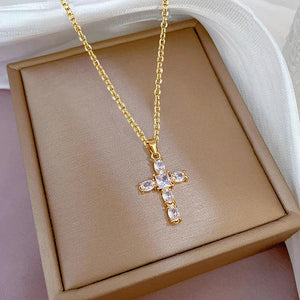 Luxury Cross Necklace for Women White/Black/Pink Cubic Zirconia Pendant Wedding Jewelry t26 - www.eufashionbags.com