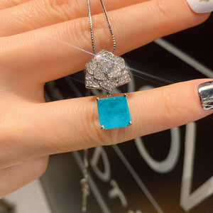 Square 10*10mm Paraiba Gemstone Pendant Necklace Rose Flower Earrings Vintage Women's Jewelry
