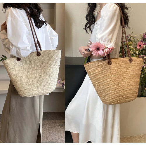 2024 Women Braided Basket Clutches Top-handle Bag Large Straw Portable Shoulder Bag a173
