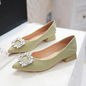 Women's Pumps Shoes Pointed-toe Rhinestone Square Buckle Chunky Heel Shoes w16