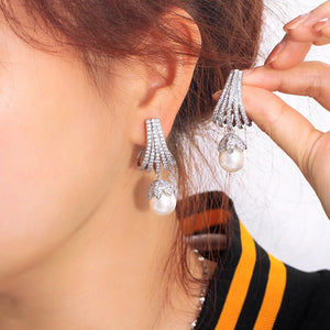White Cubic Zirconia Chic Long Women Pearl Earrings b146