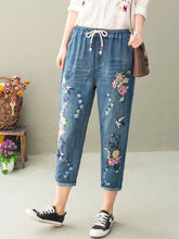 Carica l&#39;immagine nel visualizzatore di Gallery, Autumn Womens Vintage Floral Loose Denim Pants Chinese Style Casual Ripped Blue Jeans