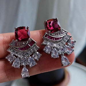 Vintage Silver Color Crown Design Ruby Red Crystal Rings Stud Earrings for Women x55