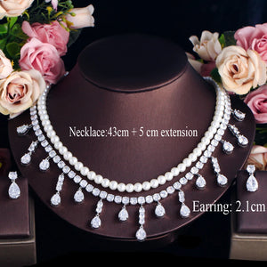Shiny Tassel Water Drop Cubic Zirconia Big 2 Layer Pearl Necklace Bridal Jewelry Sets