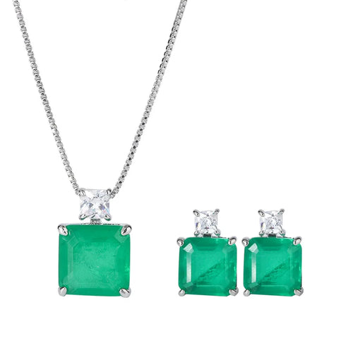 925 Sterling Silver Emerald Pendant Retro Women's Grace Necklace Earring Jewelry Set x20