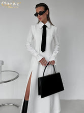 Cargar imagen en el visor de la galería, Clacive Fashion Slim White Office Dress Casual Lapel Long Sleeve Ankle Length Dress Elegant Classic Slit Dresses For Women 2024