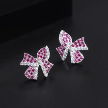 Laden Sie das Bild in den Galerie-Viewer, Trendy Charms Bow Stud Earrings Bracelets on Hand Red Flower Crystal Wedding Anniversary Set