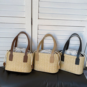 Women's Grass Woven Handbag Drawstring Bucket Shoulder Crossbody Bag Travel Bohemian Vacation Beach Bag