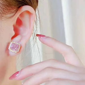 Pink Princess Cubic Zirconia Stud Earrings Gold Color Ear Piercing Accessories x28