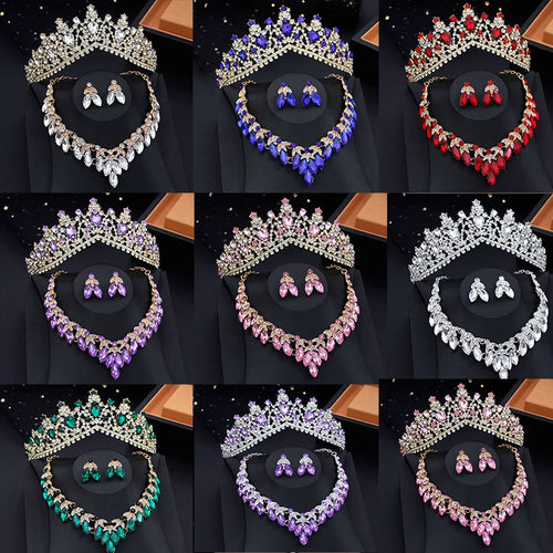 3pcs Wedding Crown Bride Dubai Jewelry Sets for Women Tiaras Bridal Headdress Crown Necklace earring sets accessories