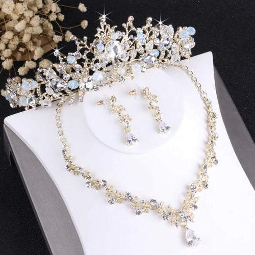 Baroque Crystal Bridal Jewelry Set Vintage Gold Color Rhinestone Wedding Tiara Crown Necklace Earring Set For Women Bride Gift