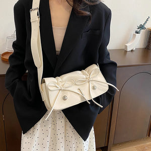 Green Bow Design Small PU Leather Shoulder Bag for Women 2024 Fashion Sweet Bag