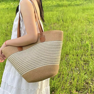 Women's Fashion Beach Travel Straw Woven Striped Tote Bag New Large Casual Shoulder Bags