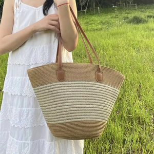 Women's Fashion Beach Travel Straw Woven Striped Tote Bag New Large Casual Shoulder Bags