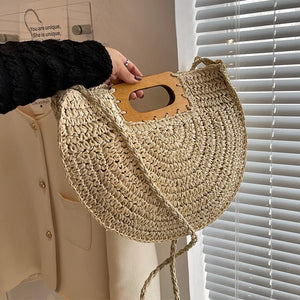 Minimalist Straw Bag for Women Summer Half-moon Beach Handbags Rattan Handmade Kintted Handle Bags Bolsas