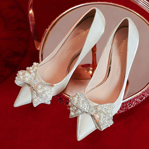 Luxury Pearl Bowknot Wedding Bridal Shoes for Women Sexy Pointed Toe Stiletto Heel Pumps Woman Beige Satin High Heels Shoes