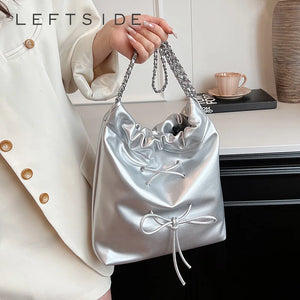 Pu Leather Silver Shoulder Bags for Women 2024 Fashion Handbags and Purses Chain Crossbody Bucket Bag