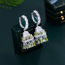 Cargar imagen en el visor de la galería, Olive Green Cubic Zircon Dangling Huggie Drop Fringed Chandelier Long Earrings for Women b07