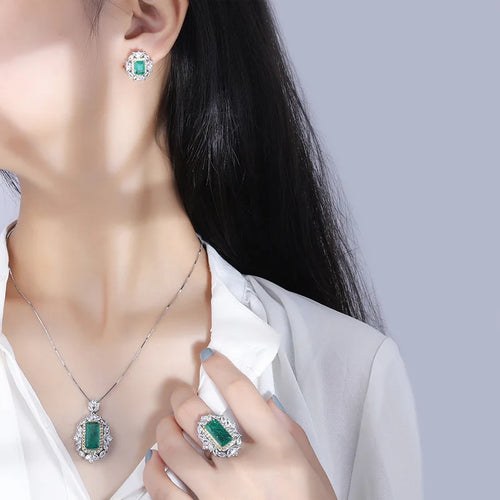 Trendy 8*16mm Emerald Gemstone Necklace Pendant Ring Earrings Women's Luxury Wedding Fine Jewelry Set x03