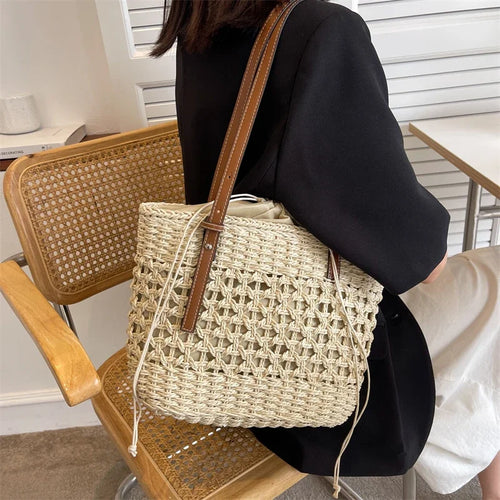 Big Straw Bucket Bag for Women 2024 Summer Trendy Weave Beach Basket Top Handle Handbags