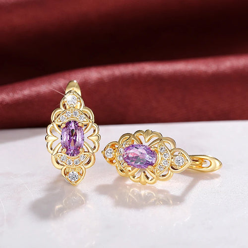 Aesthetic Women's Hoop Earrings Hollow Pattern Oval Purple CZ Earrings Trendy Jewelry