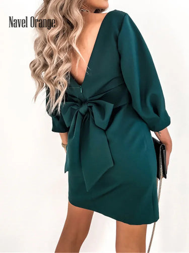 2022 Women Solid O-Neck Princess Party Dress Spring Autumn Sexy Three Quarter Sleeve Ladies Bow Backless Streetwear Dropshipping