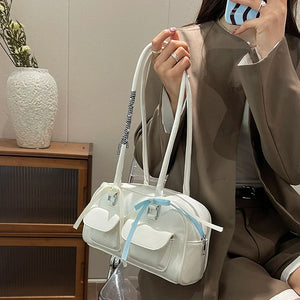 Small Double Pockets Shoulder Bags for Women 2024 New Fashion Designer Ribbon Bag Female Handbags