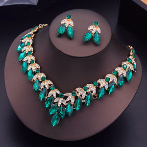 Green Crystal Bride Jewelry Sets for Women Luxury Choker Necklace Earrings Set Wedding Jewelry Sets Prom Costume Accessories