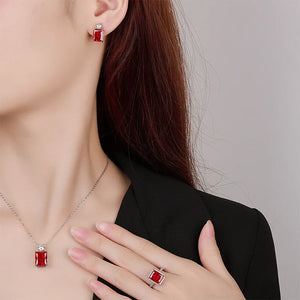Red Square High Carbon Diamond Pendant Necklace Earrings Adjustable Ring Luxury Women Jewelry Set