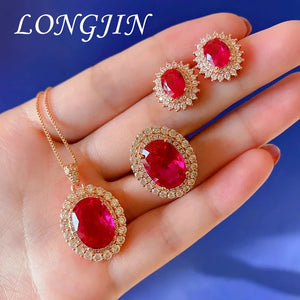 Rose Gold Pigeon Egg Shaped Ruby Ring Earrings Necklace Wedding Proposal Fashion Jewelry
