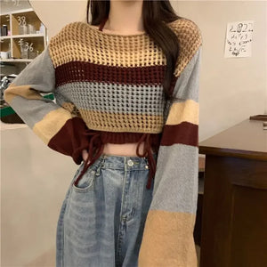 2023 Spring Autumn Sweater Halter Sling Cargo Pants 1 or 3 Piece Set Women Casaul Multi Stripe Knit Tops Vest Trousers Outfits