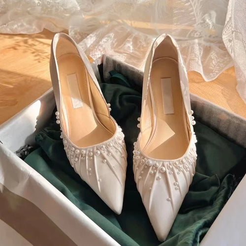 Spring and Autumn New Pointed Shallow Mouth High Heels Women's White Pleated Pearl Bridesmaid Bridesmaid Wedding Shoes