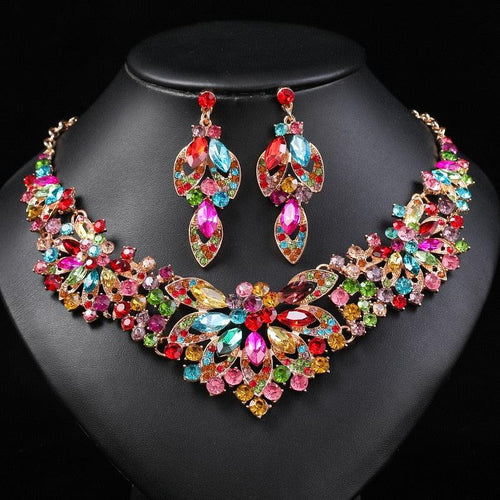 Luxury Leaves Colorful Crystal Jewelry Sets For Women Wedding Necklace Stud Earrings bj65 - www.eufashionbags.com