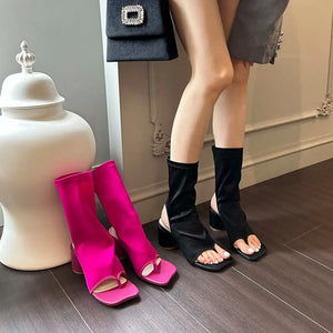 Fashion Women Sandals Boots Clip Toe Summer Stretch Boots Sock Booties Thick High Heels Slip On Party Stretch Boots