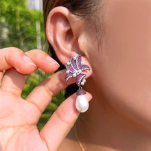 Load image into Gallery viewer, Glamorous Fuchsia Cubic Zirconia Earrings Pave Flower Leaf Long Pearl Earrings for Women