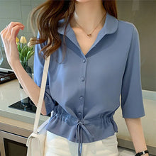 Charger l&#39;image dans la galerie, Summer Women All-match Solid Turn-down Collar Half Sleeve Chiffon Shirt Fashion Casual Shirring Single-breasted Blouses