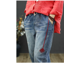 Load image into Gallery viewer, Fashion Summer Ripped Loose Jeans Women Casual Embroidery Denim Trousers Vintage Elastic Harem Pants