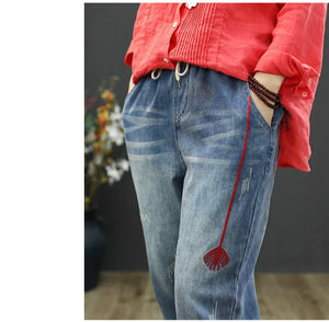 Fashion Summer Ripped Loose Jeans Women Casual Embroidery Denim Trousers Vintage Elastic Harem Pants