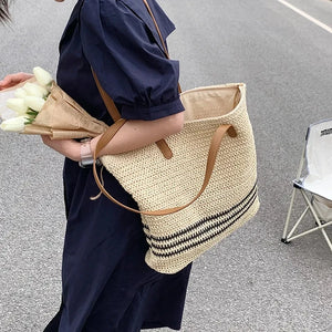 Casual Striped Straw Bag For Women Large Woven Shoulder Bag Summer Holiday Beach Bag Handmade Shopping Tote