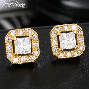 Luxury Gold Plated Square Stud Earrings Copper Microinset Zircon Men Hip Hop Jewelry
