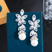 Charger l&#39;image dans la galerie, Long Cluster Leaf Shape Shiny Cubic Zircon Round Pearl Earrings Wedding Jewelry cw30 - www.eufashionbags.com