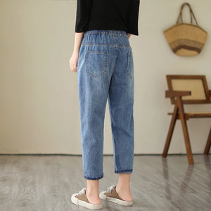 Spring Summer New Vintage Embroidery Fashion Floral Denim Pants Female Clothing Elastic High Waist