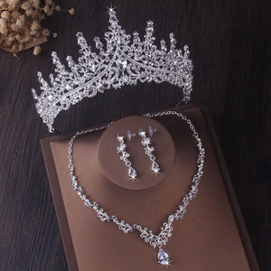 Luxury Silver Color Crystal Water Drop Bridal Jewelry Sets Rhinestone Tiaras Crown Necklace Earrings